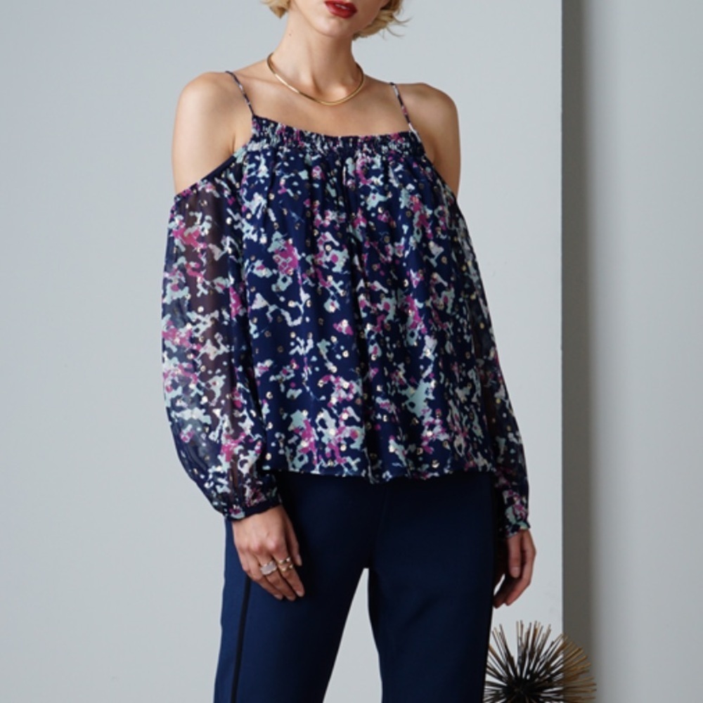 • Greylin • Taylor Navy Silk Cold Shoulder Blouse